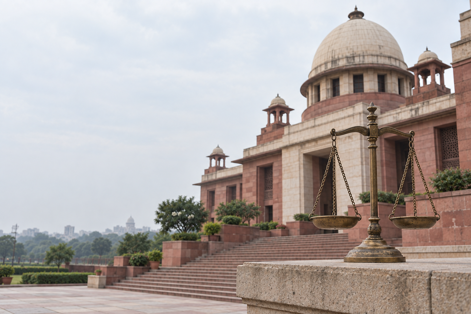 Indian court-inspired sandstone architecture with brass scales of justice